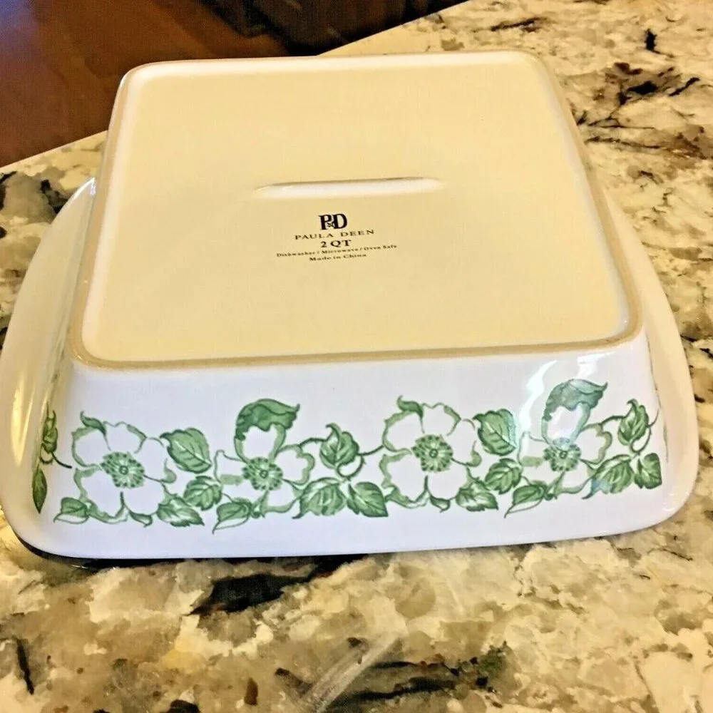 Paula Deen 2 Qt Recipe Baking Dish Baked Spaghetti White Green Floral Retired